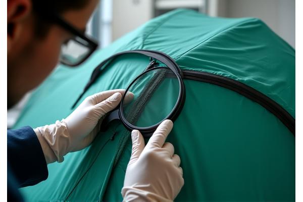 Close-up of hands inspecting tent seams for quality in a lab setting