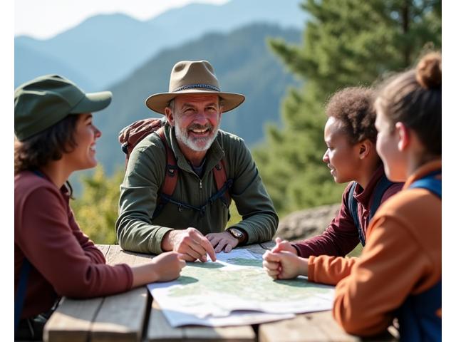 An experienced outdoor expert points to a map, leading a discussion with other campers