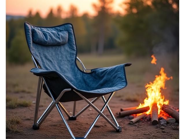 A lightweight, portable camping chair made with visibly recycled fabric and sustainable wood accents, placed by a campfire.