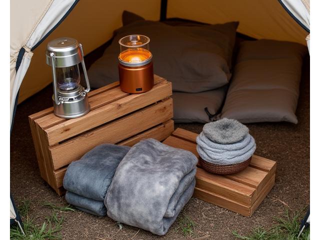 Assortment of luxury glamping accessories including portable lighting, fancy cooking gear, and outdoor decor