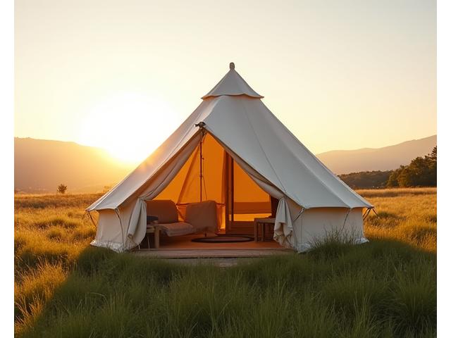 Expansive glamping bell tent set up in a beautiful natural landscape