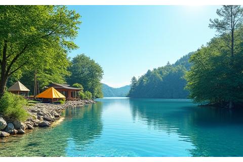A bright summer day at a campsite by a calm lake with clear blue skies, ideal for summer camping.