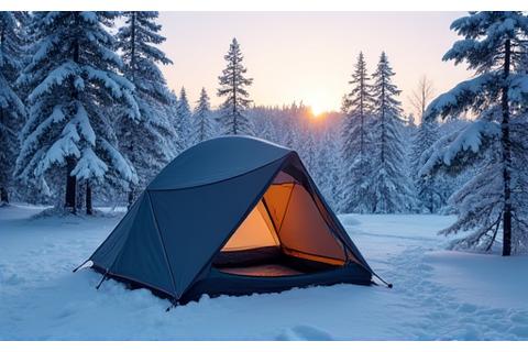 A snow-covered campsite with a well-pitched winter tent and warm gear, depicting serene winter camping.