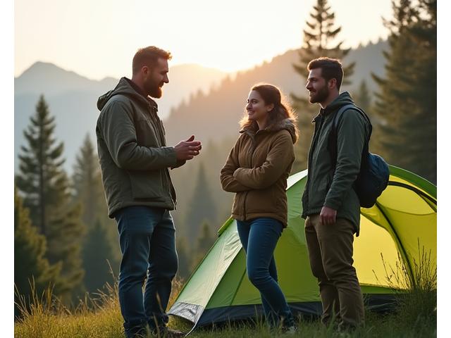 A seasoned camper explaining features of a tent to a couple, outdoor setting with mountains